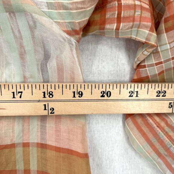 MADEWELL Plaid Tie Neck Ruffle Top Womens XXS Cream Orange 3/4 Sleeve Blouse - Picture 14 of 15